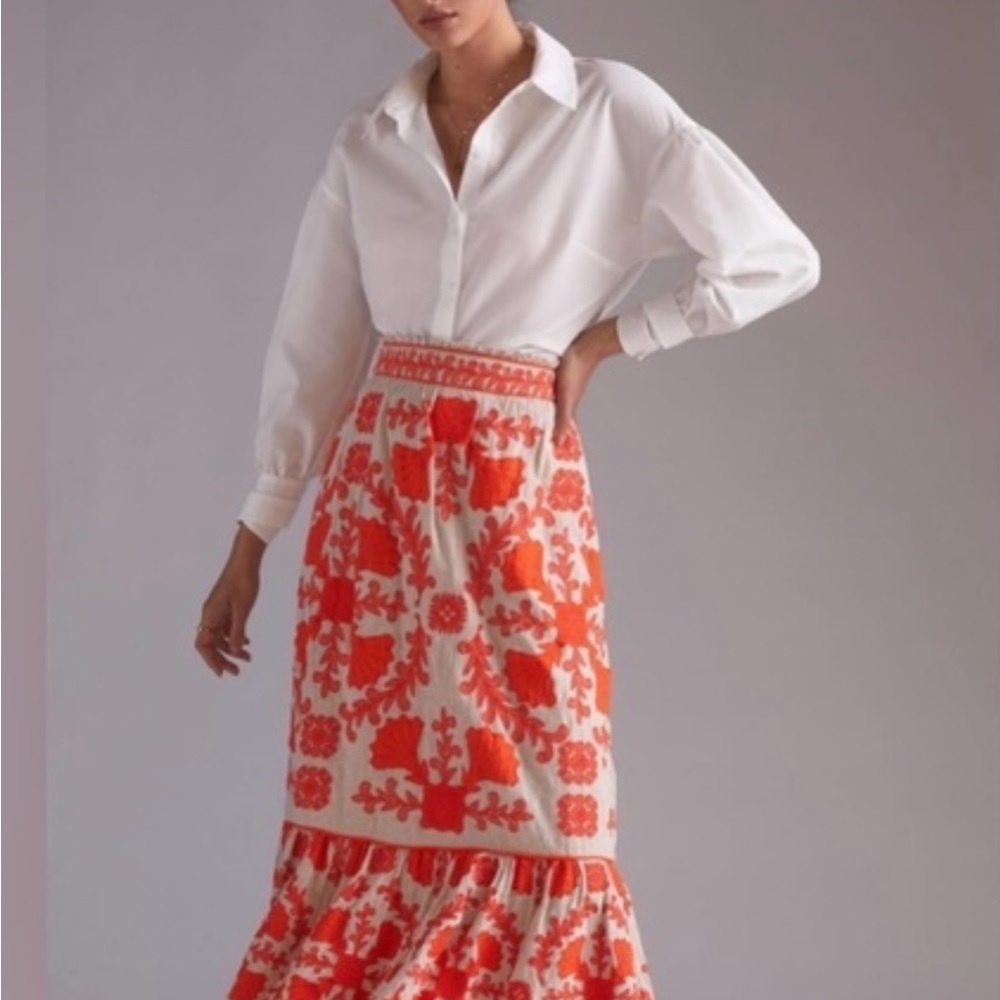 EUC Anthropologie Embroidered Flounced Maxi Skirt